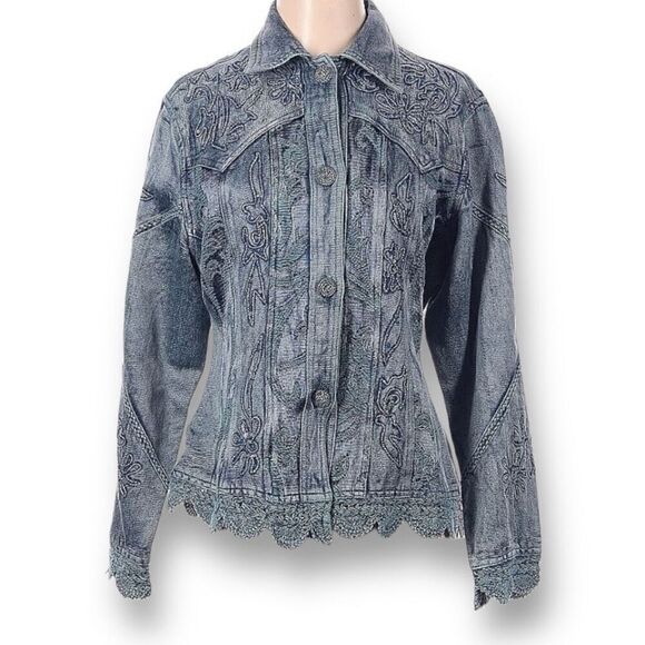 Vintage 90s Embroidered Jacket Metallic Blue Floral Detail Lace Crochet Small - Picture 1 of 11
